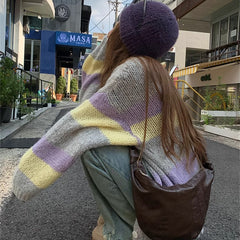Aiertu casual fall outfits Color Matching Striped Sweater Coat Early Autumn Loose Soft Glutinous Lazy Knitted Cardigan for Women aiertu
