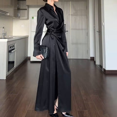 Aiertu black sweater dress outfit Women's Autumn Solid Color Lapel Elegant Lace-up Slim Fit Dress Women aiertu