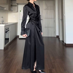 Aiertu black sweater dress outfit Women's Autumn Solid Color Lapel Elegant Lace-up Slim Fit Dress Women aiertu