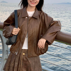 Aiertu y2k outfits French Style Small Leather Coat Suit Women's Autumn Shanggao Ji Sense Loose Jacket Jacket Skirt Two-Piece Suit aiertu