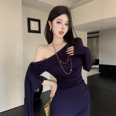 Aiertu fall outfits Wine Red Ribbon Shoulder Long Sleeve Dress Women's Autumn Slim Irregular Skirt Tight Waist Sheath Dress aiertu