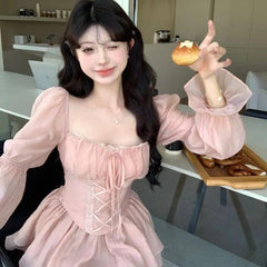 Aiertu prom dresses Lace Puff Sleeve Long Sleeve Square Collar Shirt Top Women's Autumn Chic Sweet Spicy Suit Skirt Two-Piece Set aiertu