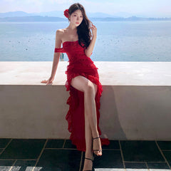 Aiertu y2k outfits French Sexy Heavy Industry Ruffled Trailing Irregular Tube Top Dress Holiday Red Chiffon Dress aiertu
