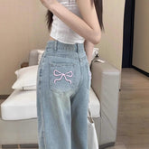 Aiertu fashion outfits Women's Embroidered High Waist Straight Jeans with Bowknot Autumn and Winter Loose Slimming Casual Wide Leg Mopping Pants aiertu