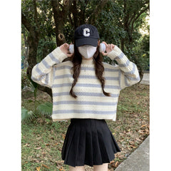 Aiertu joker costume female outfit Sweet Striped Milk Short Sweater Women's Clothing Autumn and Winter Lazy Gentle Wind Wear Top Small aiertu