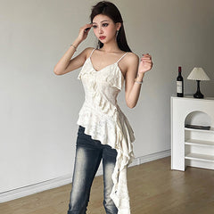 Aiertu dress to impress outfits Waste Soil Style Unique Chic Distressed Handmade Worn Camisole Women's Summer Ruffled Stitching Irregular Top aiertu