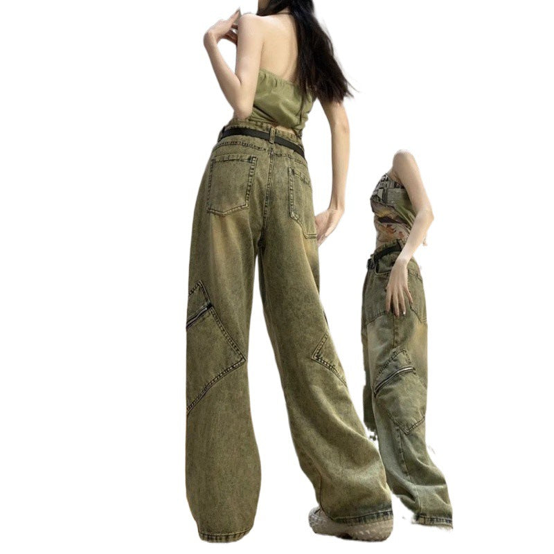 Aiertu tailgate outfit black women American-Style Retro Draping Jeans Women's Autumn Washed Distressed Loose Workwear Straight Wide-Leg Pants aiertu