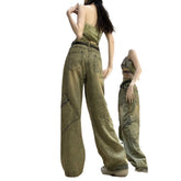 Aiertu tailgate outfit black women American-Style Retro Draping Jeans Women's Autumn Washed Distressed Loose Workwear Straight Wide-Leg Pants aiertu