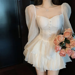 Aiertu leapord halloween outfit French First Love Dress Women's Early Spring Chubby Girl Sweet and Spicy Sexy Waist Slimming White Skirt aiertu