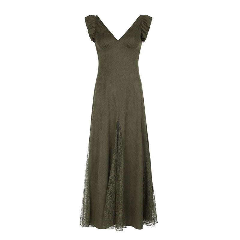 Aiertu prom dresses Mori Vintage Lace Stitching See-through V-neck Dress Summer American Fashion Small Flying Sleeve Dress aiertu
