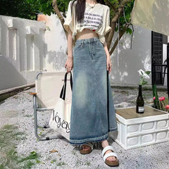 Aiertu 90s fashion Autumn New Women's Retro Frayed Denim Skirt High Waist Slimming A- line Large Swing Dress Sexy aiertu