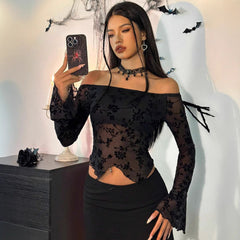 Aiertu dress to impress outfits Autumn and Winter Elegant Women's Black Floral Mesh off-Shoulder Bell Sleeve T-shirt Top Women aiertu