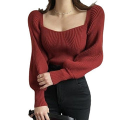 Aiertu business casual outfits Bottoming Shirt Lantern Sleeve Short Pullover Sweater Top Women's Style Autumn and Winter French Niche Square Collar Sweater Women aiertu