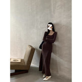 Aiertu fashion outfits Early Autumn Brown Long-Sleeved Knitted Dress Women's Slim-Fit Draping Tight Waist A- line Midi Dress Retro Elegant Skirt aiertu
