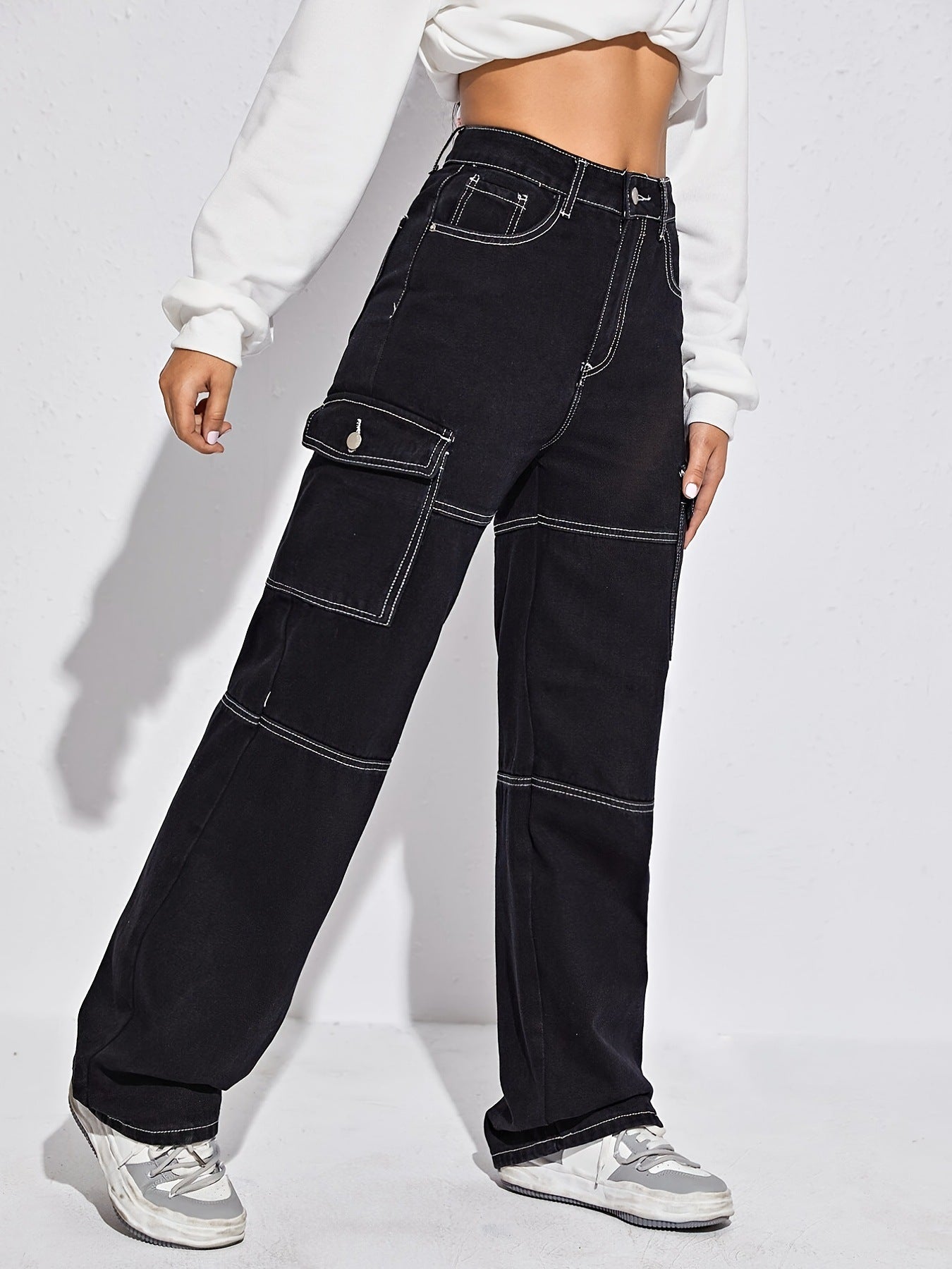 Aiertu black sweater dress outfit Women's Pocket Straight Jeans Black Pants aiertu
