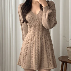 Aiertu long sweater dress outfit Chic Autumn and Winter Vintage Linen Pattern V-neck Tight Waist Slimming Small A- line Knitted Sweater Dress Women aiertu