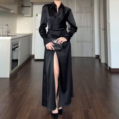 Aiertu black sweater dress outfit Women's Autumn Solid Color Lapel Elegant Lace-up Slim Fit Dress Women aiertu