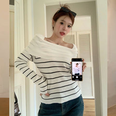 Aiertu long sweater dress outfit Striped Temperament off-Shoulder Sweater Women's Autumn Slim Slimming Gentle Bottoming Sweater Top aiertu