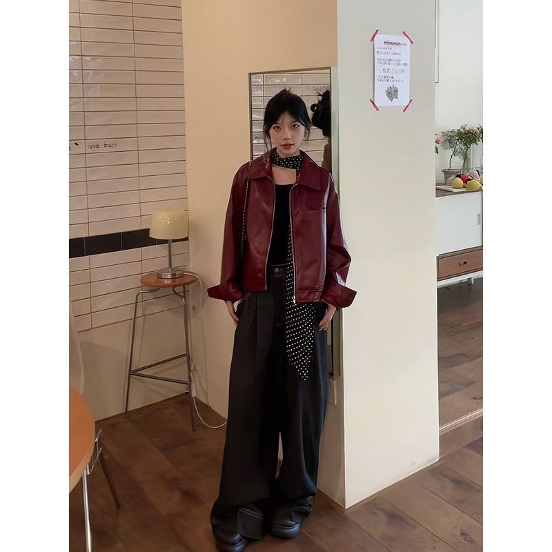 Aiertu guys clothing styles American Retro Angora Red Leather Coat Women's Autumn and Winter High Street Style Loose Meat Covering Leather Jacket Top aiertu