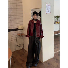 Aiertu guys clothing styles American Retro Angora Red Leather Coat Women's Autumn and Winter High Street Style Loose Meat Covering Leather Jacket Top aiertu