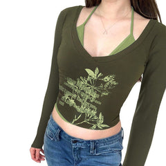 Aiertu fashion outfits Collar Printed Contrast Color Fake Two-Piece T-shirt Autumn Hot Girl Sexy Short Halter aiertu