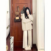 Aiertu fall outfits women Autumn and Winter Creamy-white Lazy Style Sweater Wide Leg Pants High-Grade Three-Piece Suit aiertu
