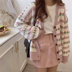 Aiertu teacher outfits Korean Style Retro Hollow Flower Jacquard Sweater Women's Knitted Cardigan New Autumn Knitted Long Sleeve Cardigan Coat Fashion aiertu