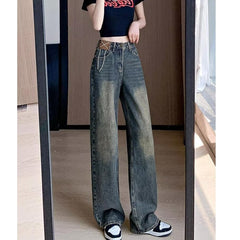 Aiertu guys clothing styles American Retro Distressed Washed Jeans Women's Autumn Draping Straight Trousers Loose Slimming Wide-Leg Pants Fashion aiertu