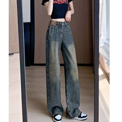 Aiertu guys clothing styles American Retro Distressed Washed Jeans Women's Autumn Draping Straight Trousers Loose Slimming Wide-Leg Pants Fashion aiertu
