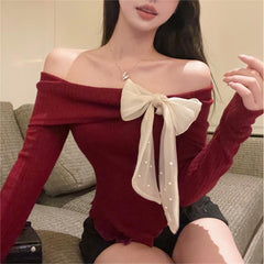 Aiertu outfit Spring off-Shoulder Big Bow off-Shoulder Long Sleeve T-shirt Women's Sweater Top Bottoming Sweater aiertu