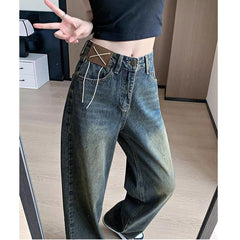 Aiertu guys clothing styles American Retro Distressed Washed Jeans Women's Autumn Draping Straight Trousers Loose Slimming Wide-Leg Pants Fashion aiertu