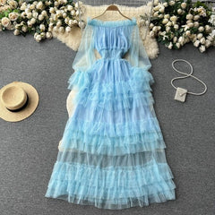 Aiertu summer outfits inspo French Style High-Grade Ruffled Mesh Cake Dress Women's Waist Slimming Temperament off-Shoulder Super Fairy Long Skirt aiertu