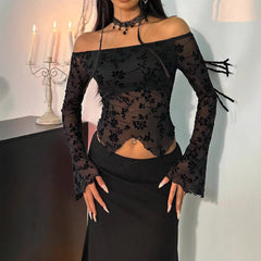 Aiertu dress to impress outfits Autumn and Winter Elegant Women's Black Floral Mesh off-Shoulder Bell Sleeve T-shirt Top Women aiertu