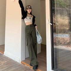 Aiertu datenight fall outfits Autumn and Winter American Street Retro Stitching Belt High Waist Large Pocket Micro Pull Tooling Casual Pants for Women aiertu