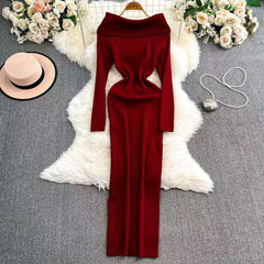 Aiertu long sweater dress outfit Autumn and Winter Elegant Slim-Fit Sheath Slimming off-Shoulder Collarbone Black and White Stripe Knitted Dress aiertu