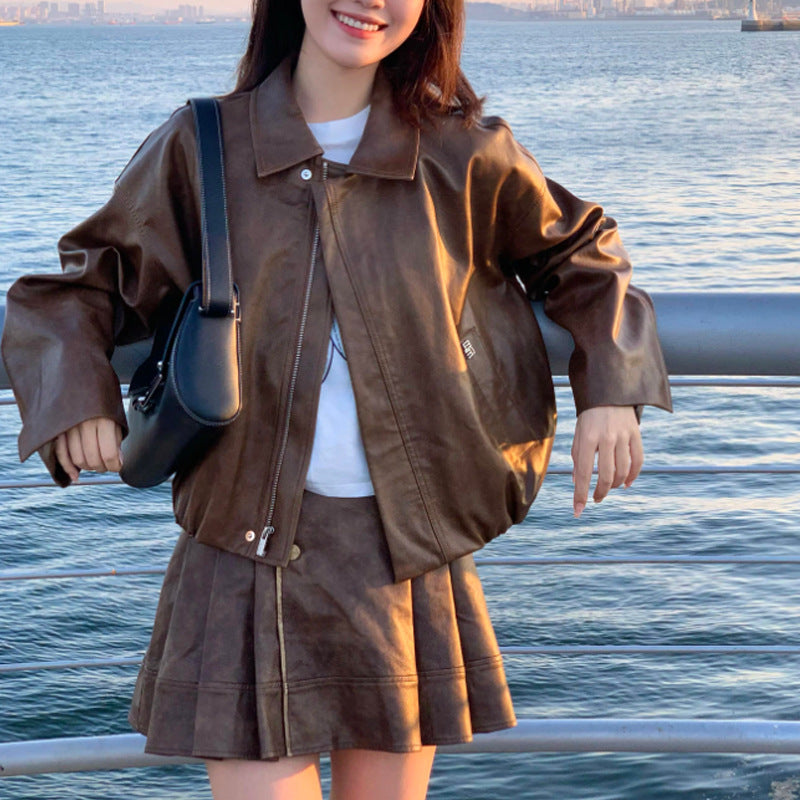 Aiertu y2k outfits French Style Small Leather Coat Suit Women's Autumn Shanggao Ji Sense Loose Jacket Jacket Skirt Two-Piece Suit aiertu