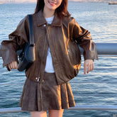Aiertu y2k outfits French Style Small Leather Coat Suit Women's Autumn Shanggao Ji Sense Loose Jacket Jacket Skirt Two-Piece Suit aiertu