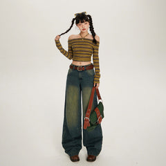 Aiertu dress to impress outfits American Retro Nostalgic Low Waist Loose Wide Leg Pants Autumn and Winter New Straight Jeans Womens Trousers Lengthened aiertu