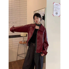 Aiertu guys clothing styles American Retro Angora Red Leather Coat Women's Autumn and Winter High Street Style Loose Meat Covering Leather Jacket Top aiertu