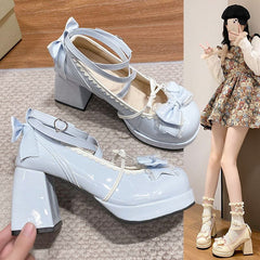 Aiertu shoes High Heels Lolita Thick Heel Platform Blue Japanese Soft Girl Sweet Cute Bow Shoes for Women aiertu
