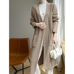 Aiertu black sweater dress outfit Korean Style Loose Lazy Style Pure Wool Cardigan Women's V-neck Mid-Length Thickened Coat with Pocket Cashmere Coat aiertu