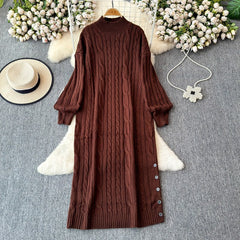 Aiertu long sweater dress outfit Autumn and Winter Korean Style Loose Lazy Style Mid-Length Knitted Dress Women's Half Turtleneck Twist Sweater Skirt Fashion aiertu