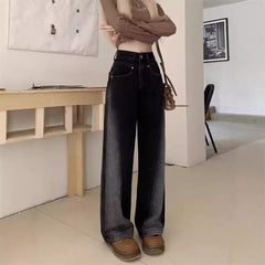 Aiertu joker costume female outfit Black and Gray Straight Jeans for Women plus Size Autumn Loose Contrast Color High Waist Slimming Wide Leg Pants aiertu