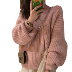 Aiertu fall outfits women Gentle Pink V-neck Sweater Cardigan Women's Loose Sweet Knitted Lazy Style Coat aiertu