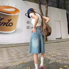 Aiertu fall outfits Summer Washed Blue Light Color Denim Loose Wide Leg Denim Shorts aiertu