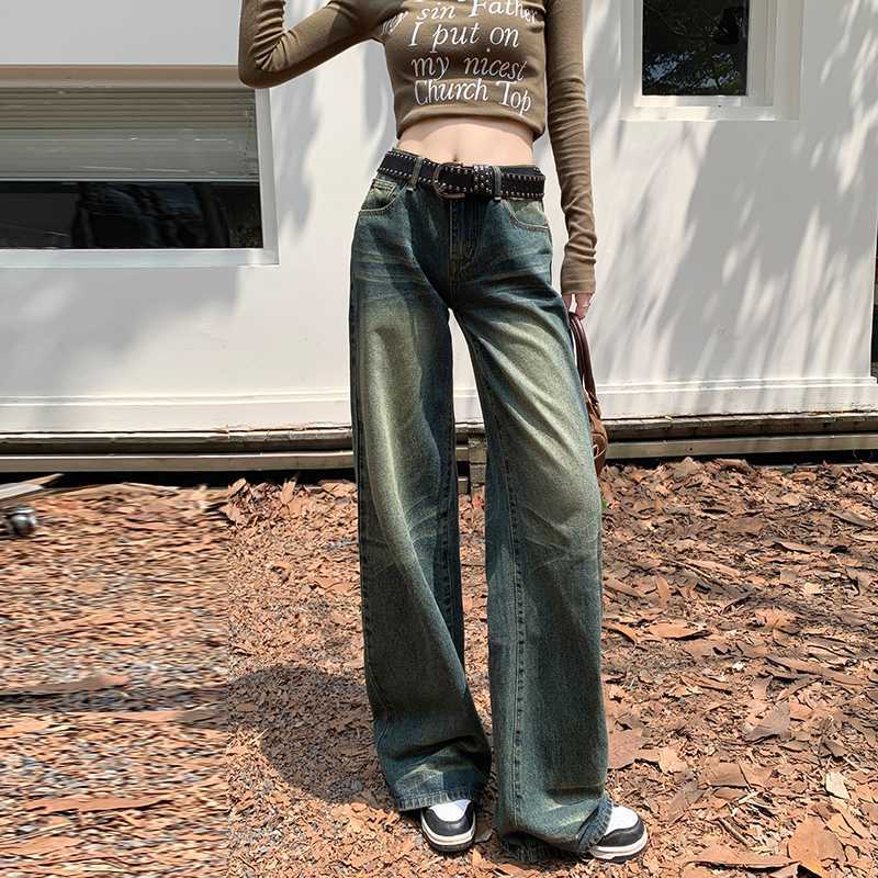 Aiertu dress to impress outfits American Retro Distressed Washed Low Waist Wide Leg Pants Hot Girl Denim Straight Pants Mopping Pants Lengthened aiertu