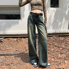 Aiertu dress to impress outfits American Retro Distressed Washed Low Waist Wide Leg Pants Hot Girl Denim Straight Pants Mopping Pants Lengthened aiertu