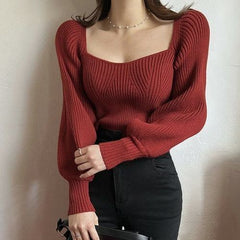Aiertu business casual outfits Bottoming Shirt Lantern Sleeve Short Pullover Sweater Top Women's Style Autumn and Winter French Niche Square Collar Sweater Women aiertu