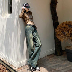 Aiertu dress to impress outfits American Retro Distressed Washed Low Waist Wide Leg Pants Hot Girl Denim Straight Pants Mopping Pants Lengthened aiertu
