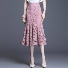 Aiertu fashion outfits Pink Women's Lace Fishtail Skirt Autumn Skirt Elegant Mid-Length Hip Skirt Fashion aiertu